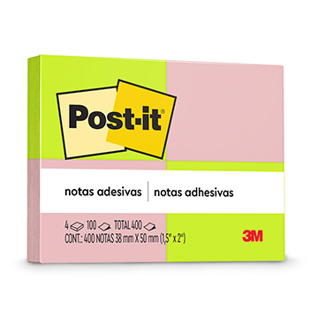 Bloco Adesivo Post-it 3M 38X50mm cores Neon com 4UN