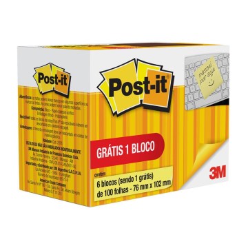 Bloco Adesivo Post-it 3M 76X102mm Amarelo 5UN + 1UN Grátis