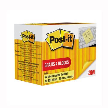 Bloco Adesivo Post-it 3M 38X50mm Amarelo 20UN + 4UN Grátis