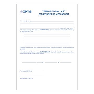 Bloco Termo Devolução Espontânea Mercadoria Zema