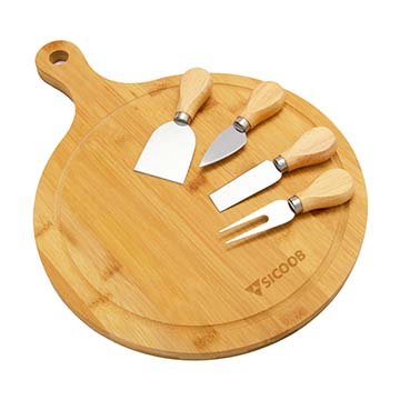 Kit Queijo com Talheres em Inox e tábua em Bambu Sicoob