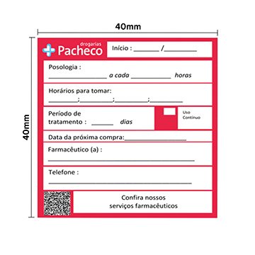 Etiqueta de Posologia Drogaria Pacheco com QRcode RL 50 UN