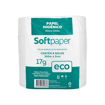 Papel Higienico Rolo 300m Softpaper Eco FS 17g CX 8UN