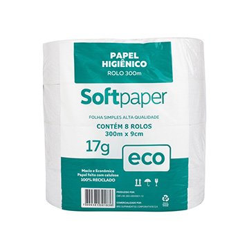 Papel Higiênico Reciclado Folha Simples 300 Metros 8 Rolos 17g | Softpaper Eco